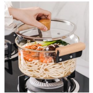 High Borosilicate Glass Soup Pot with Wooden Lid & Handle